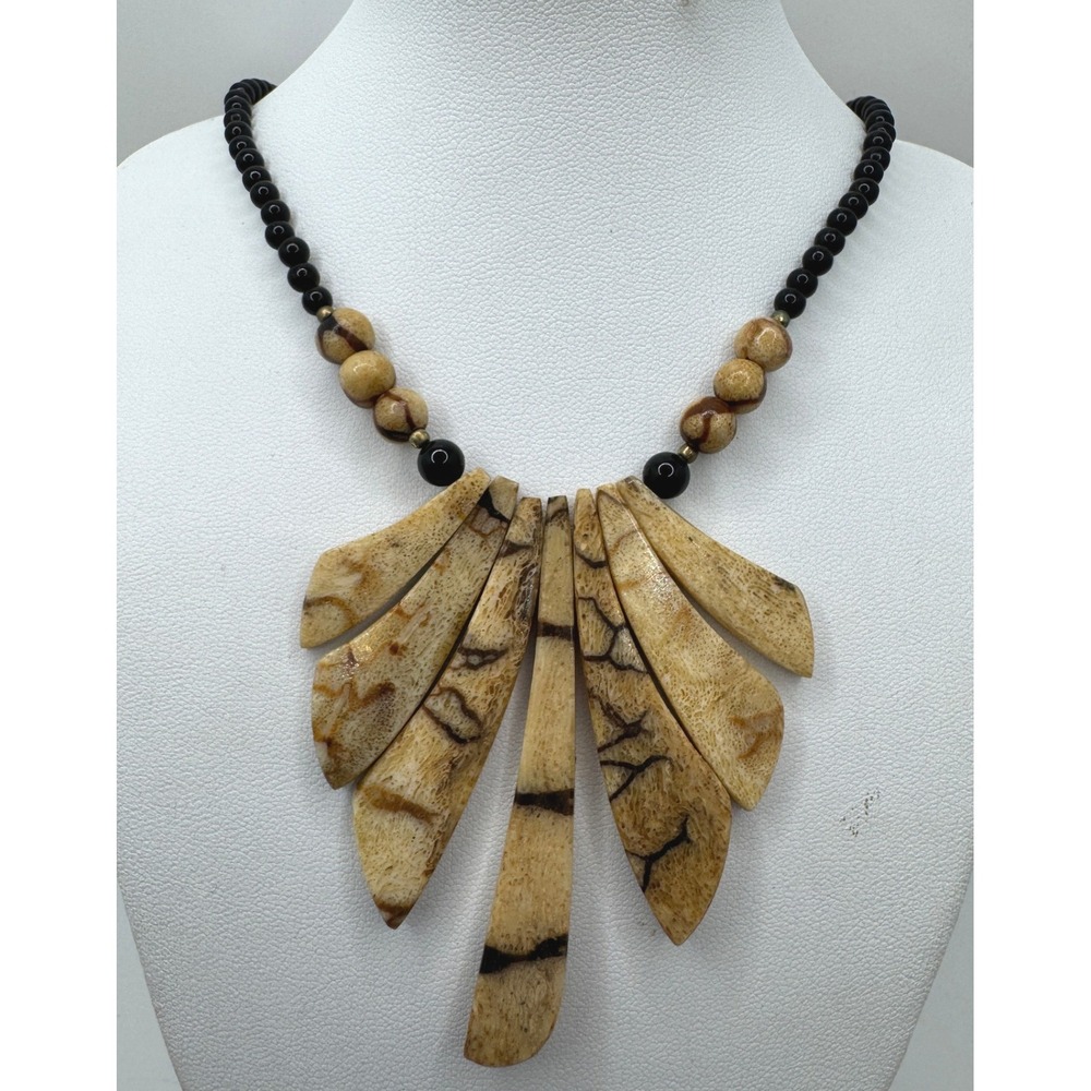 Vintage Hand Carved Fan Statement Necklace Black Beaded Tribal Bib 18" Boho Art